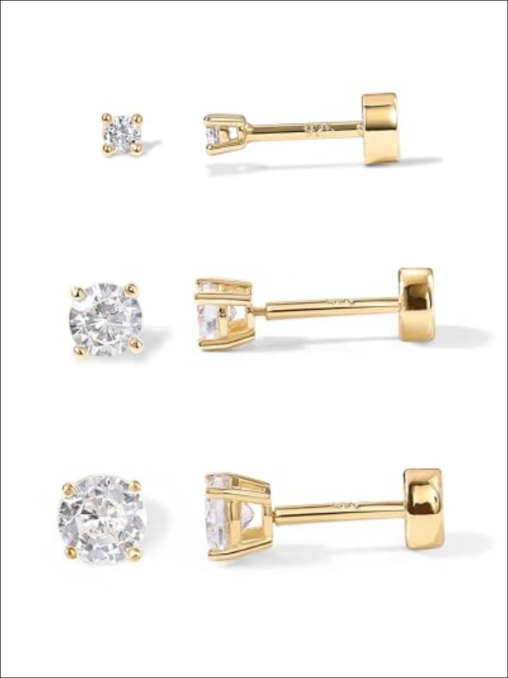 14K Gold Plated CZ Flat Back Stud Earrings Set Hypoallergenic